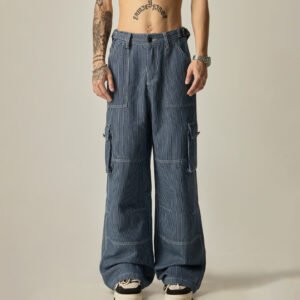 Blue pinstriped utility cargo jeans with layered pockets