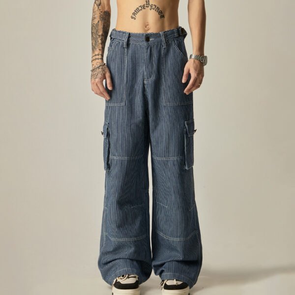 Blue pinstriped utility cargo jeans with layered pockets