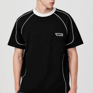 Black oversized heavyweight t-shirt with white piping and a small chest logo.