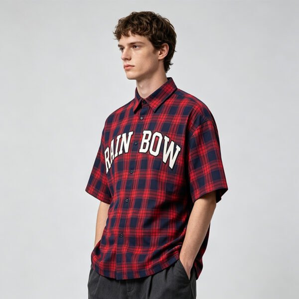 Custom Plaid Applique Boxy Short-Sleeve Shirt - Style BF46D2 Custom Plaid Applique Boxy Short-Sleeve Shirt - Style BF46D2