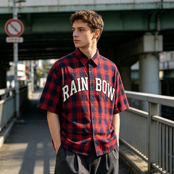 Custom Plaid Applique Boxy Short-Sleeve Shirt - Style BF46D2 - product detail view 4 Custom Plaid Applique Boxy Short-Sleeve Shirt - Style BF46D2 - product detail view 4