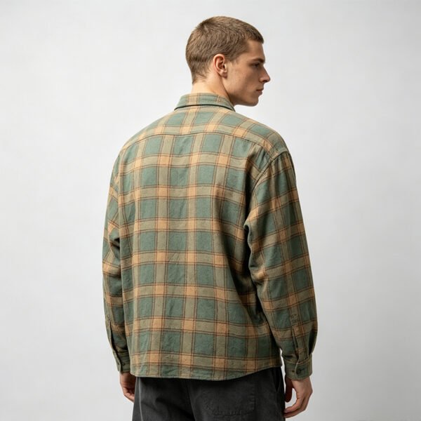 Custom Plaid Applique Towel Embroidered Shirt - Style 9B66BB Man wearing a green and tan plaid long-sleeve button-up shirt
