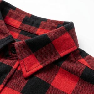 Close-up of a red and black plaid shirt collar