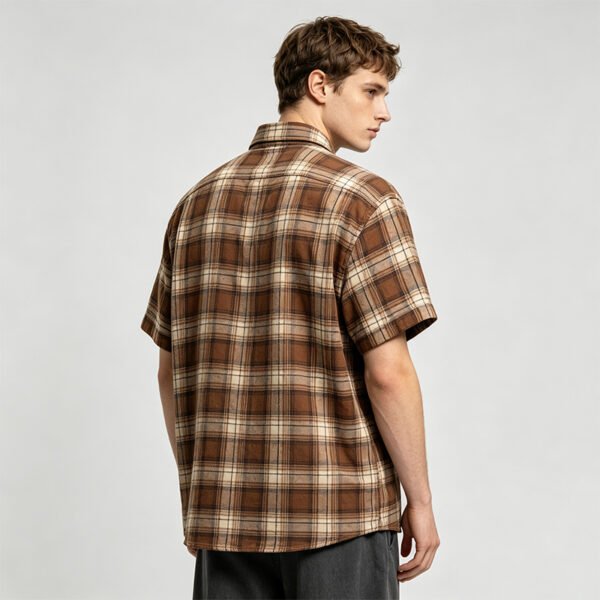 Custom Brown Plaid Dual-Pocket Short-Sleeve Shirt | VW-00784 - Style 00784D Man wearing a brown and cream plaid short sleeve dual pocket shirt