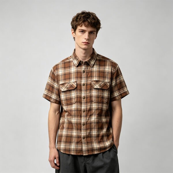 Custom Brown Plaid Dual-Pocket Short-Sleeve Shirt | VW-00784 - Style 00784D - product detail view 2 Custom Brown Plaid Dual-Pocket Short-Sleeve Shirt | VW-00784 - Style 00784D - product detail view 2