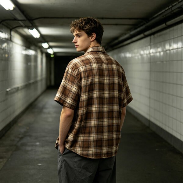 Custom Brown Plaid Dual-Pocket Short-Sleeve Shirt | VW-00784 - Style 00784D - product detail view 4 Custom Brown Plaid Dual-Pocket Short-Sleeve Shirt | VW-00784 - Style 00784D - product detail view 4