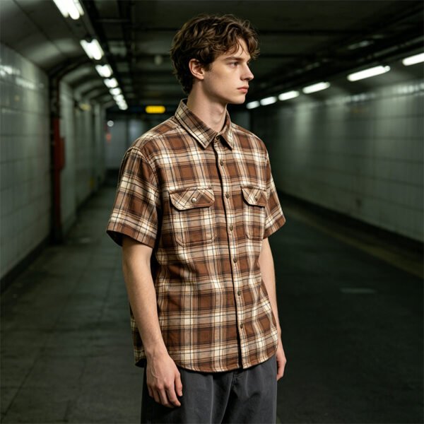 Custom Brown Plaid Dual-Pocket Short-Sleeve Shirt | VW-00784 - Style 00784D - product detail view 5 Custom Brown Plaid Dual-Pocket Short-Sleeve Shirt | VW-00784 - Style 00784D - product detail view 5