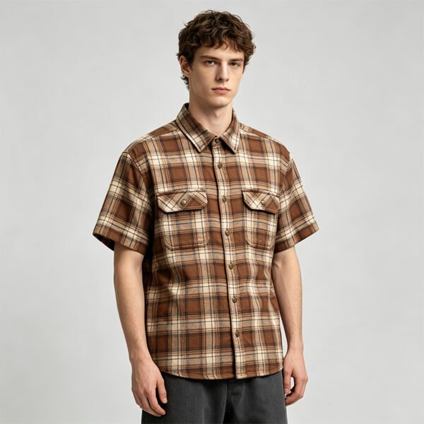 Custom Brown Plaid Dual-Pocket Short-Sleeve Shirt | VW-00784 - Style 00784D - product detail view 8 Custom Brown Plaid Dual-Pocket Short-Sleeve Shirt | VW-00784 - Style 00784D - product detail view 8