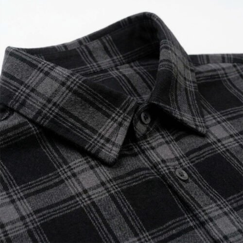 Custom Black Plaid Oversized Shorts - Style 288507 Close-up of a black and grey plaid collared shirt