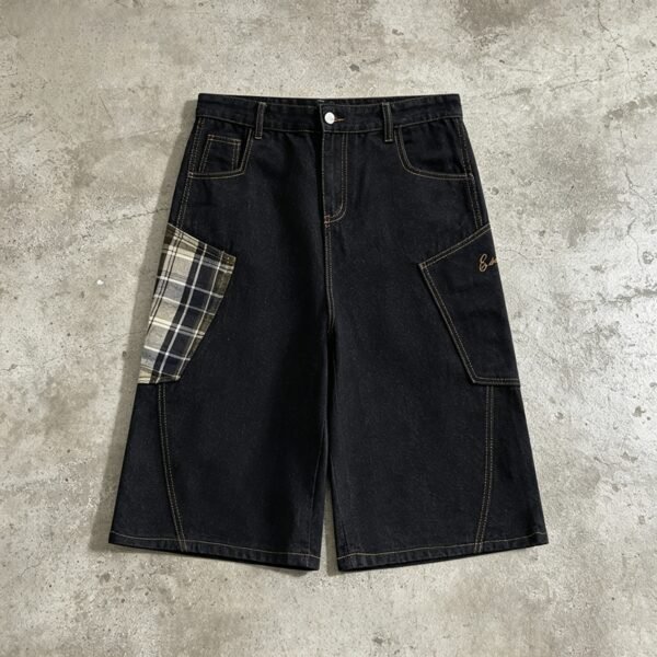Custom Plaid Patchwork Denim Capri Jeans - Style 79CED2 - product detail view 6
