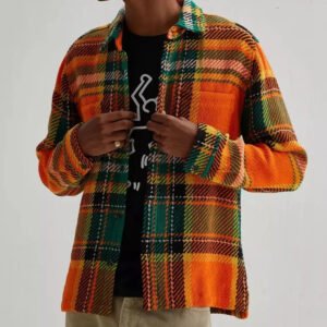 Orange and green plaid textured shirt jacket
