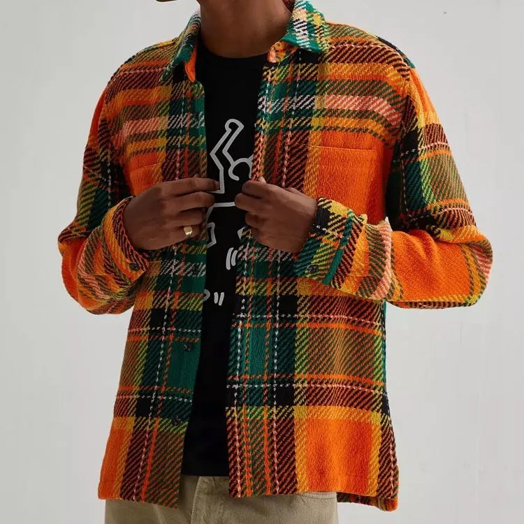 Orange and green plaid textured shirt jacket