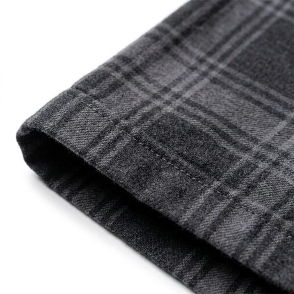 Custom Plaid Short-Sleeve Overshirt | - Style C46EFE Close-up of the hem of a grey plaid short-sleeve overshirt