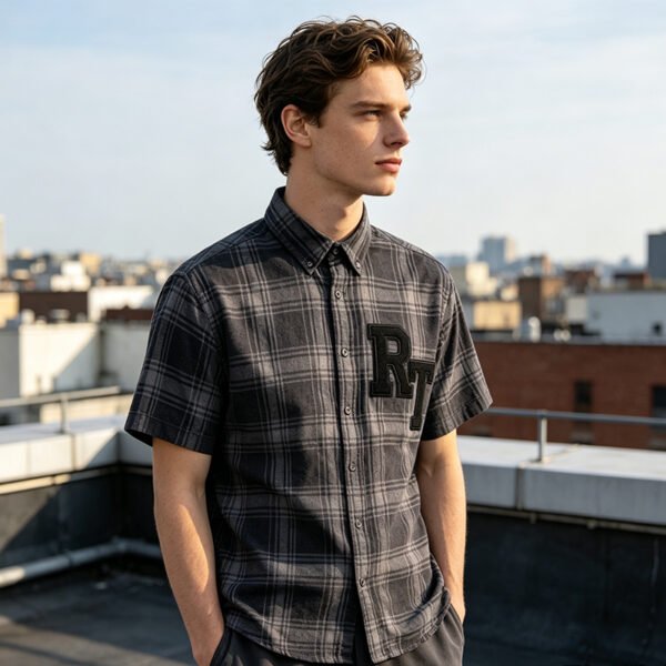 Custom Plaid Short-Sleeve Overshirt | - Style C46EFE - product detail view 7 Custom Plaid Short-Sleeve Overshirt | - Style C46EFE - product detail view 7