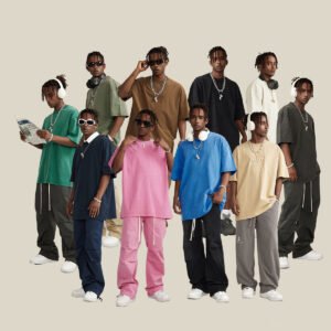 Group of men wearing custom cotton terry t-shirts in various colors.