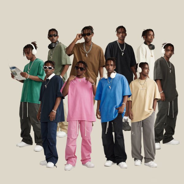 Custom Heavyweight Terry Pocket-Ready T-Shirt - Style 67053E Group of men wearing custom cotton terry t-shirts in various colors.