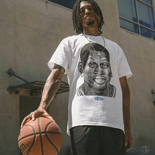 Custom Portrait Graphic Crew-Neck T-Shirt 8079996 - Style D3A5BF White t-shirt with portrait graphic of a basketball player