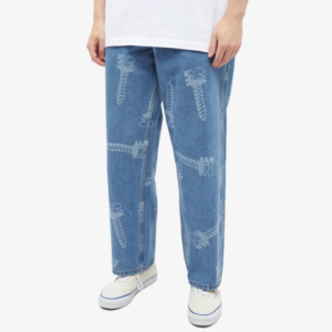 Blue printed straight-leg denim jeans with all-over pattern
