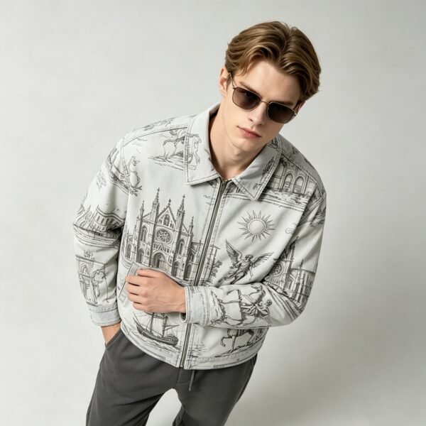 Custom Gothic Architecture Canvas Zip Jacket VW-JK-2387 - Style 2387BA Man wearing a custom gothic architecture canvas zip jacket
