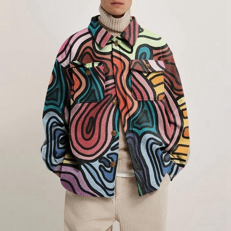 Multicolored abstract print fleece utility jacket