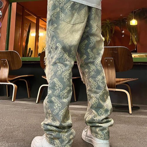 Custom Vintage Printed Straight-Leg Jeans - Style 921EC1 Light wash vintage straight-leg jeans with all-over gun print