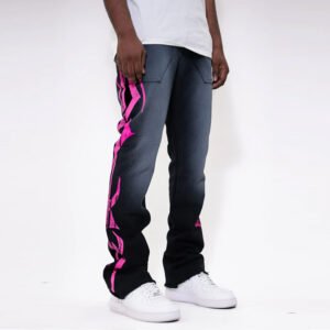 Black and grey stacked streetwear pants with pink flame graphic