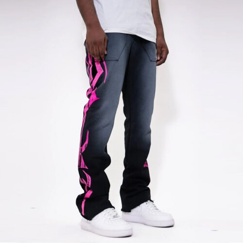 Custom Printed Stacked Streetwear Pants - Style F69E6E Black and grey stacked streetwear pants with pink flame graphic
