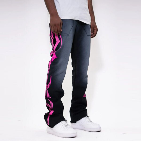 Custom Printed Stacked Streetwear Pants - Style F69E6E Black and grey stacked streetwear pants with pink flame graphic