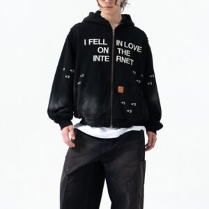 Black zip-front hooded jacket with 'I Fell In Love On The Internet' text