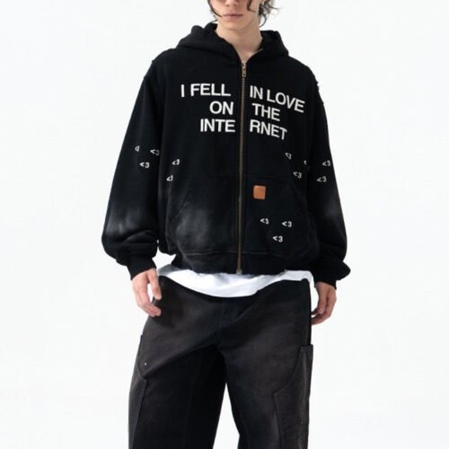 Custom Printed Zip-Front Hooded Jacket | VW-E7B8 - Style E7B8D3 Black zip-front hooded jacket with 'I Fell In Love On The Internet' text