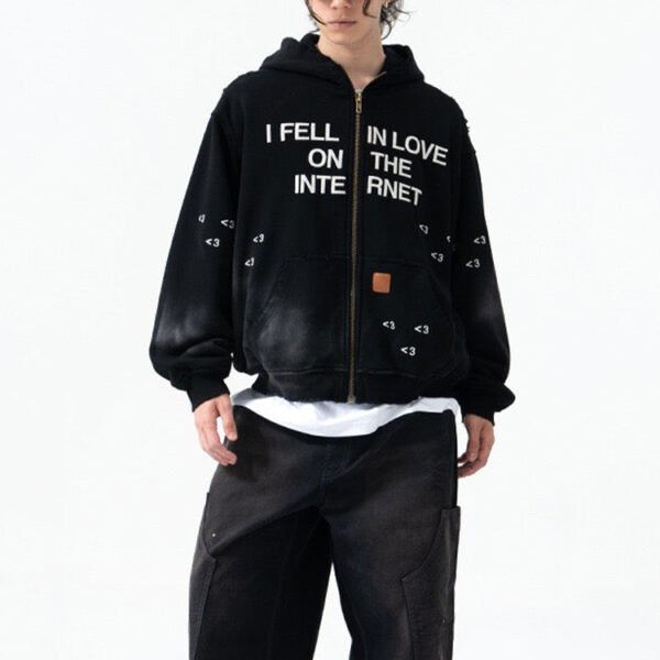 Custom Printed Zip-Front Hooded Jacket | VW-E7B8 - Style E7B8D3 Black zip-front hooded jacket with 'I Fell In Love On The Internet' text