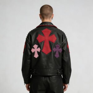 Black leather biker jacket with studded collar and colorful cross patches