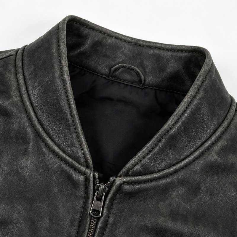 Close-up of a distressed black PU-effect jacket collar with a zipper.