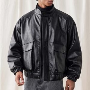 Black faux leather bomber jacket with collared neckline and front pockets