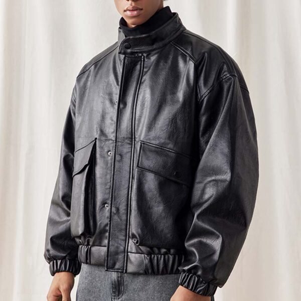 Custom PU Leather Panel Bomber Jacket - Style 645915 - product detail view 2 Custom PU Leather Panel Bomber Jacket - Style 645915 - product detail view 2