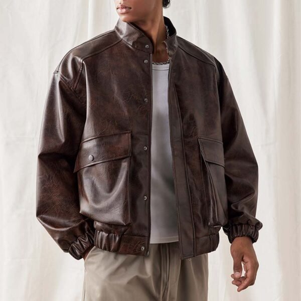 Custom PU Leather Panel Bomber Jacket - Style 645915 - product detail view 4 Custom PU Leather Panel Bomber Jacket - Style 645915 - product detail view 4