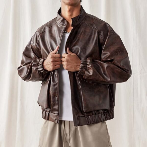 Custom PU Leather Panel Bomber Jacket - Style 645915 - product detail view 5 Custom PU Leather Panel Bomber Jacket - Style 645915 - product detail view 5