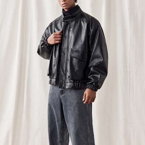 Custom PU Leather Panel Bomber Jacket - Style 645915 - product detail view 7 Custom PU Leather Panel Bomber Jacket - Style 645915 - product detail view 7