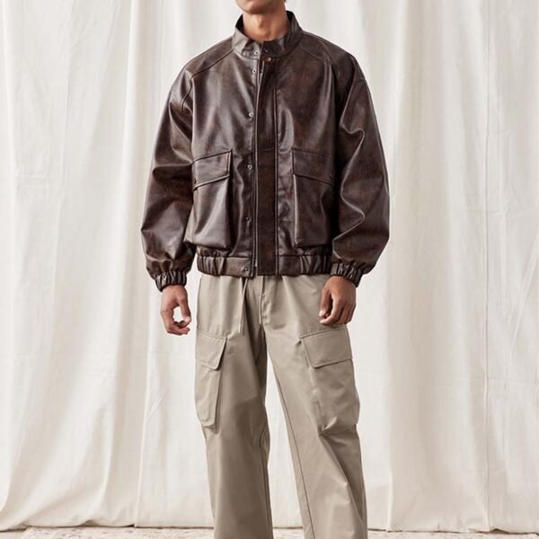 Custom PU Leather Panel Bomber Jacket - Style 645915 - product detail view 8 Custom PU Leather Panel Bomber Jacket - Style 645915 - product detail view 8