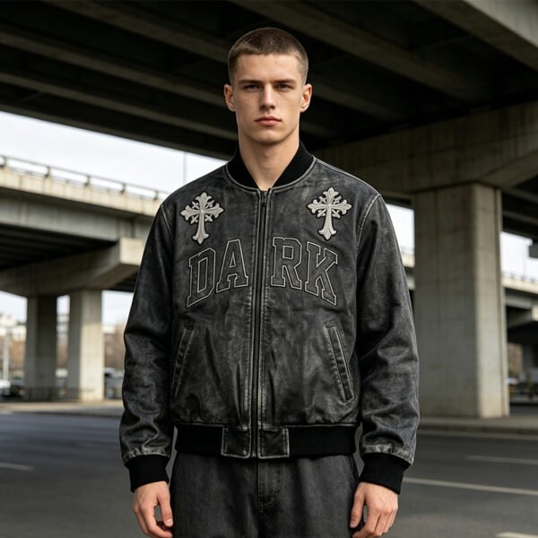 Custom Vintage PU Leather Patch Varsity Jacket - Style 9F1D99 - product detail view 4