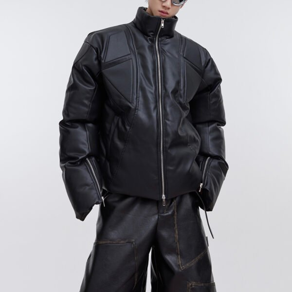 Black PU panel puffer jacket with zippers and stand collar