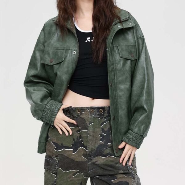Custom Brown PU Utility Bomber Jacket - Style 41048A - product detail view 4