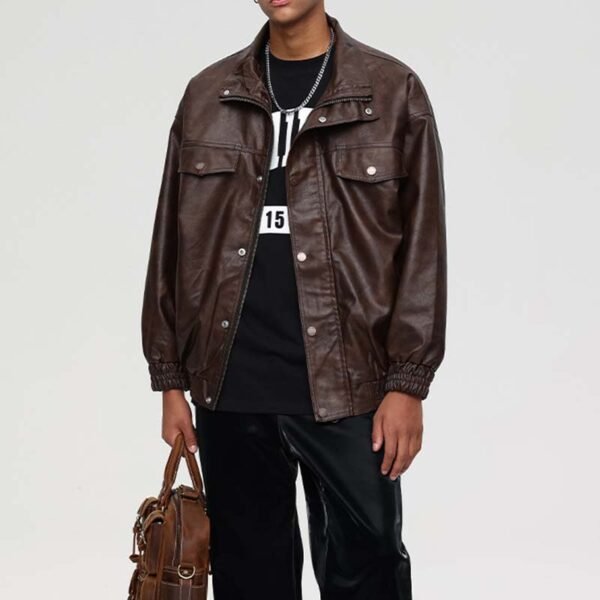 Custom Brown PU Utility Bomber Jacket - Style 41048A - product detail view 7
