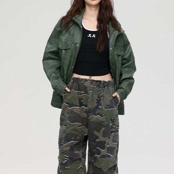Custom Brown PU Utility Bomber Jacket - Style 41048A - product detail view 8