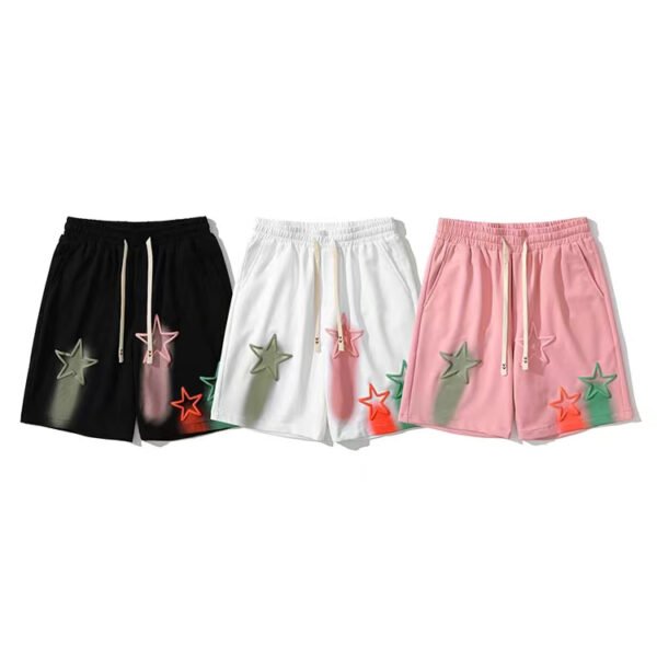 Custom Star Puff Print French Terry Shorts - Style 54C914 Three pairs of french terry shorts in black, white, and pink with star print