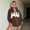Custom Puff-Print Zip Hoodie Jacket with Graphic Placement | VW-2323D7 - Style 2323D7 Woman wearing a brown custom puff-print zip hoodie jacket