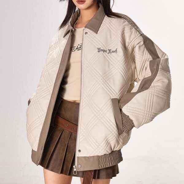 Custom Quilted Contrast Panel Moto Jacket - Style 1CE50F - product detail view 3