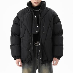 Man wearing a black quilted stand-collar puffer coat
