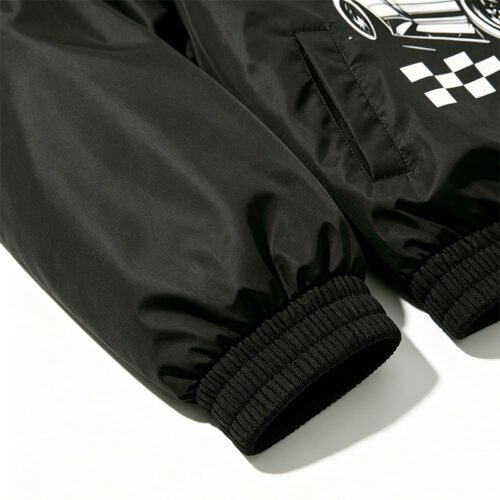 Custom Racing Graphic Bomber Jacket | - Style 26F257 Black bomber jacket with racing graphic and checkerboard detail