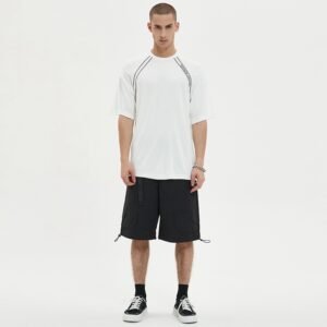 White loose-fit raglan t-shirt with minimalist black line design